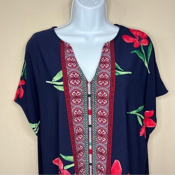 XS Chaps Blue Red Floral Stretch Dress Oversized Fit Pullover Boho Geometric - Picture 2 of 7